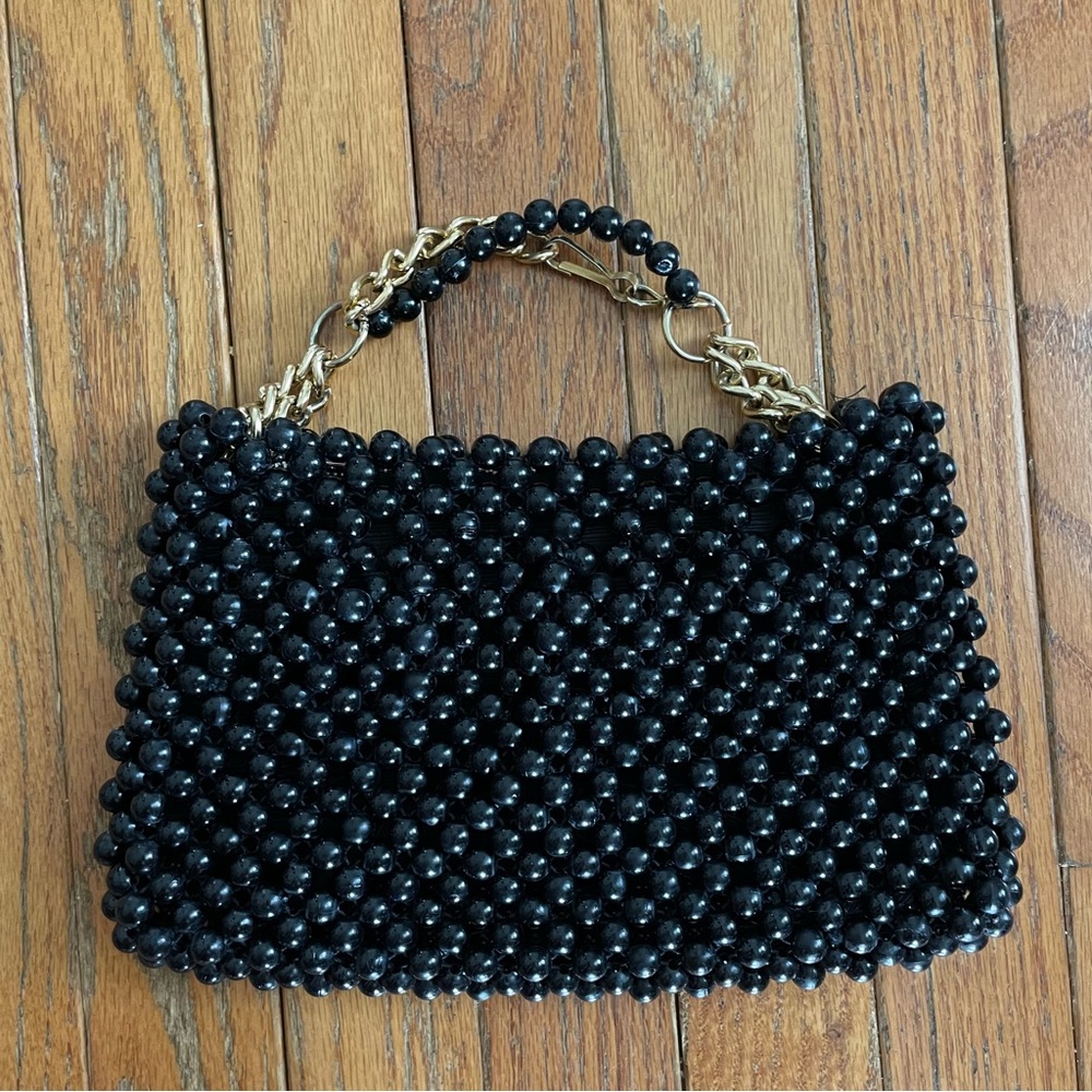 Vintage Black Beaded Handbag Styled by Simon Made in Italy Gold Chain Handle